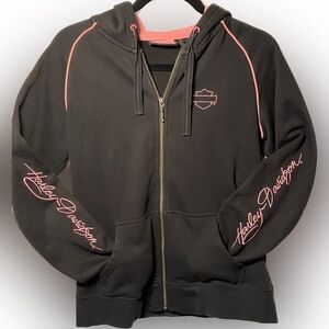 Harley Davidson: Women’s Zip up hoodie, Embroidery Sleeves. Pink & Black